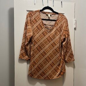Elegant Plaid V-Neck Blouse - Brown